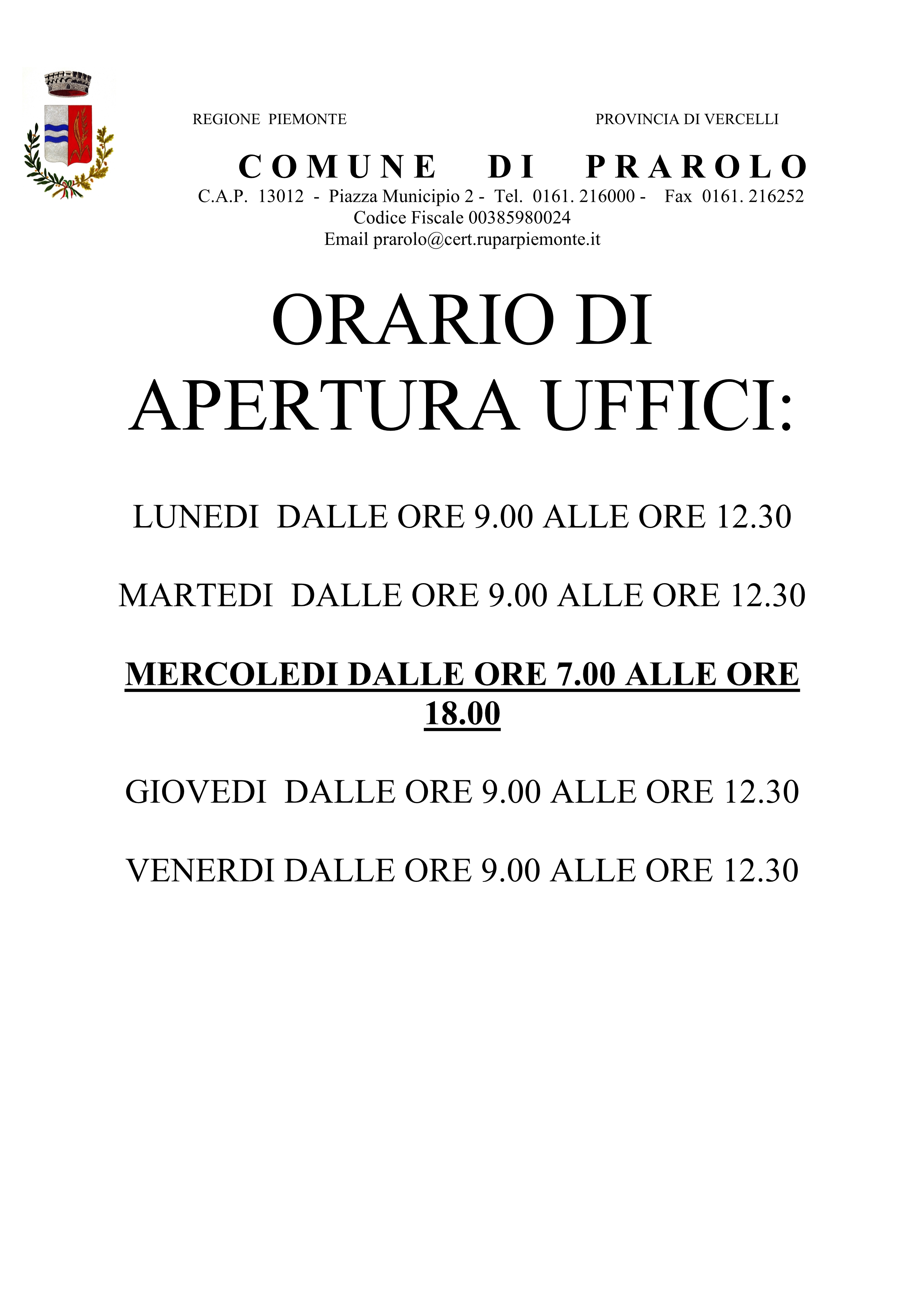 Nuovi orari di apertura uffici comunali